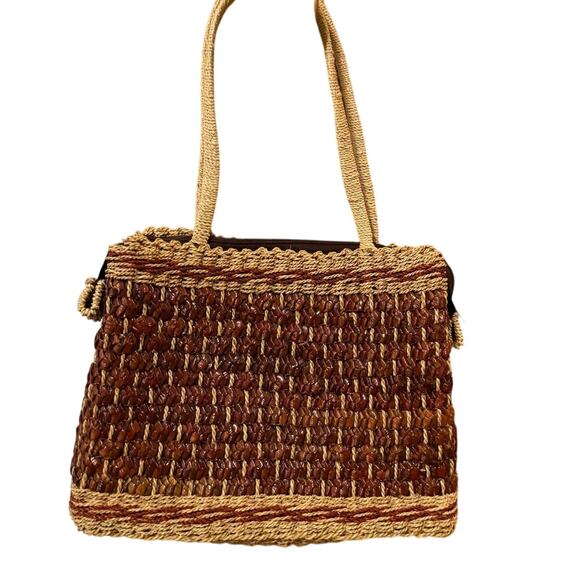 Vintage Boho Woven Wicker Handbag Purse Rust and Tan Grandma Core 8x10x3 Inch - Picture 1 of 12